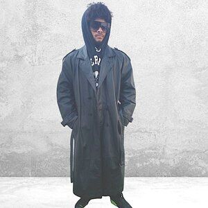 Leather Button Front Belted Trench Coat Men's Black Size XL
